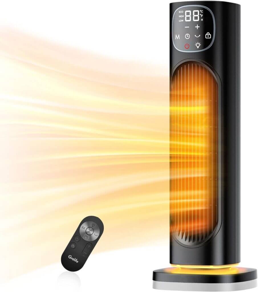 Grelife 24 Space Heater, 75° Oscillating Electric Heater with Night Light, Remote, Overheat Tip-over Protection, ECO Mode, 12H Timer, Thermostat, 1500W Portable Heater for Indoor Use, Office, Home