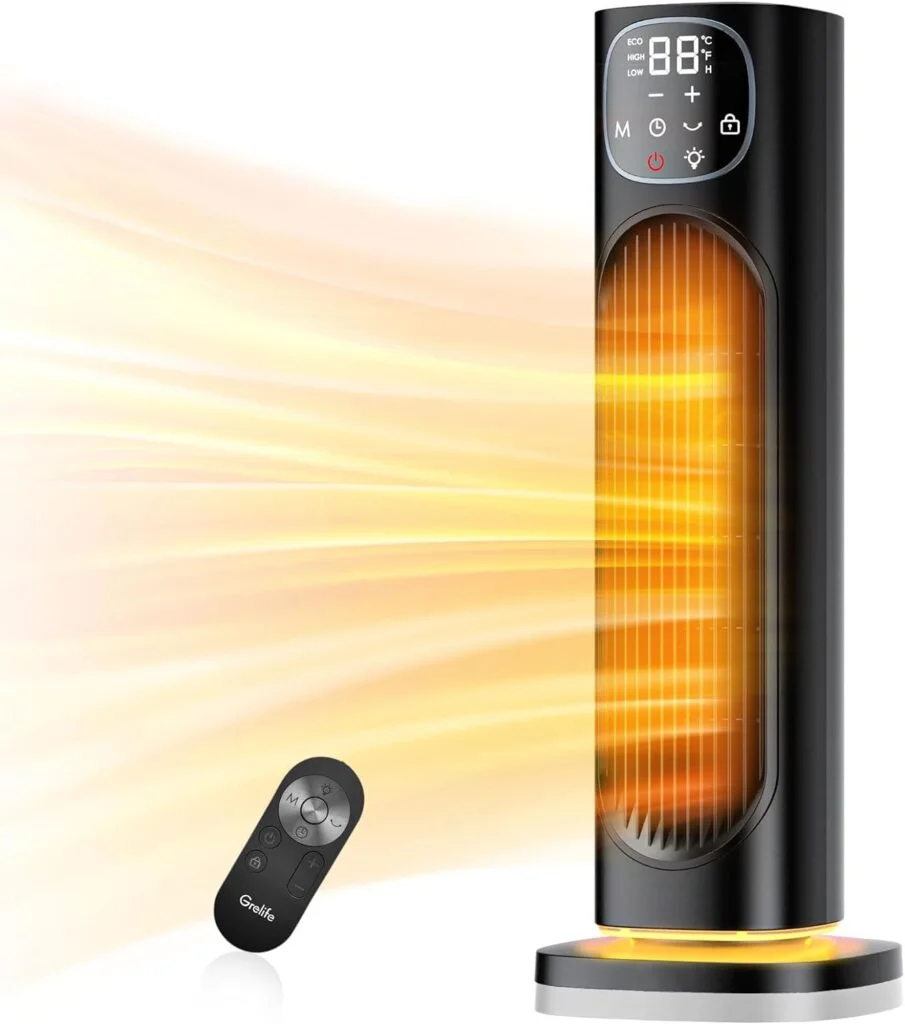 Grelife 24 Space Heater, 75° Oscillating Electric Heater with Night Light, Remote, Overheat Tip-over Protection, ECO Mode, 12H Timer, Thermostat, 1500W Portable Heater for Indoor Use, Office, Home Grelife 24 Space Heater, 75° Oscillating Electric Heater with Night Light, Remote, Overheat Tip-over Protection, ECO Mode, 12H Timer, Thermostat, 1500W Portable Heater for Indoor Use, Office, Home