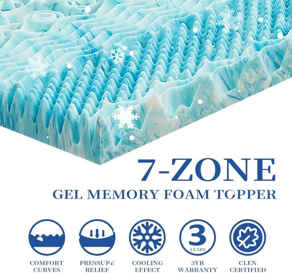 DQZ 3 Inch Queen Mattress Topper 7-Zone Memory Foam Mattress Topper - Cooling Gel Infused Foam Mattress Pad - Upgraded Ergonomics Memory Foam Mattress - CertiPUR-US and Oeko-TEX Certification