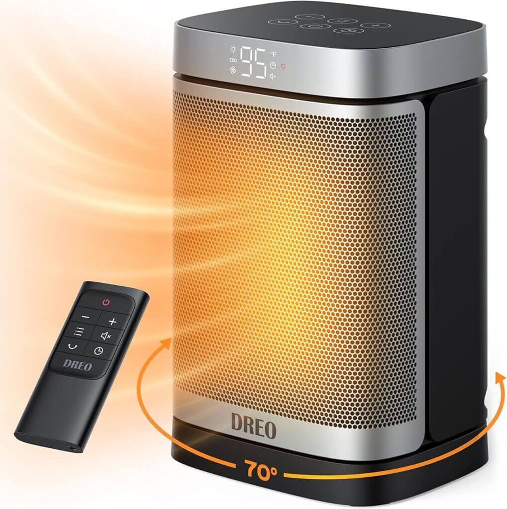 Dreo Space Heaters for Indoor Use, 70°Oscillating Portable Heater With Remote, 1500W PTC Electric Heater with Thermostat, Fast Safety Heat, 1-12h Timer, Small Heater for Bedroom Home Office, Atom One