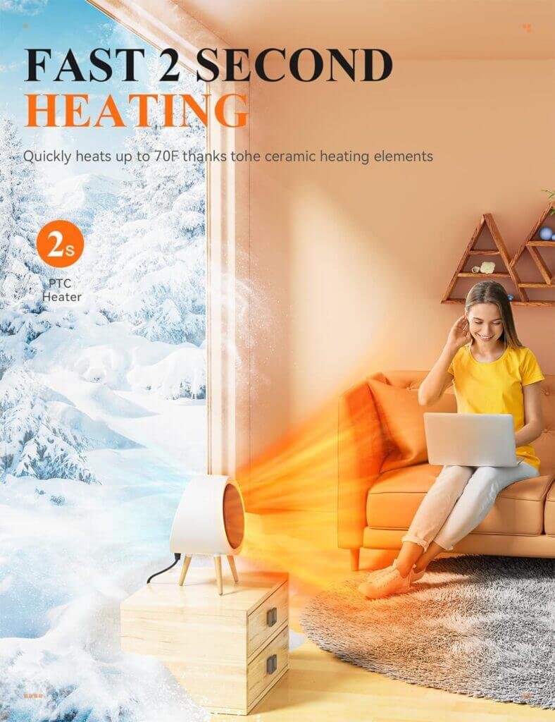GAIATOP Space Heater, 1000W Energy Efficient Space Heater for Indoor Use, 3 Mode PTC Fast Heating Ceramic Electric Heater, Overheating  45°Tip-Over Protection Portable Heater for Office Home White